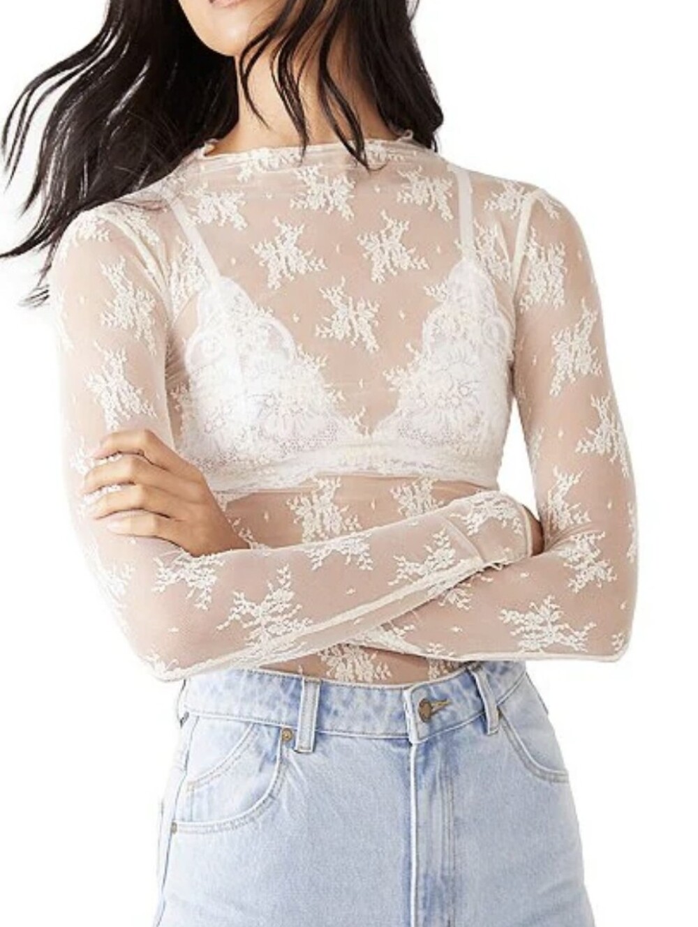 NWT Free People Lady Lux Jacquard Sheer Mock Neck Long Sleeve Layering Top